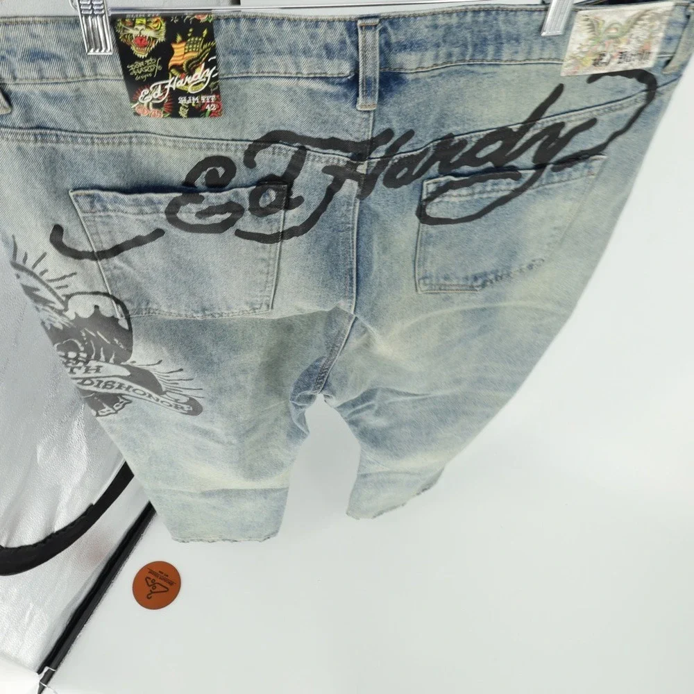 Ed Hardy Jeans Death Before Tattoo Distressed Graphic Denim Slim Fit Size 42‎